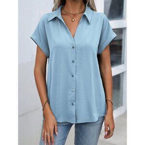 Light Blue Short Sleeve Button-Up Shirt Relaxed Fit Minimalist Casual